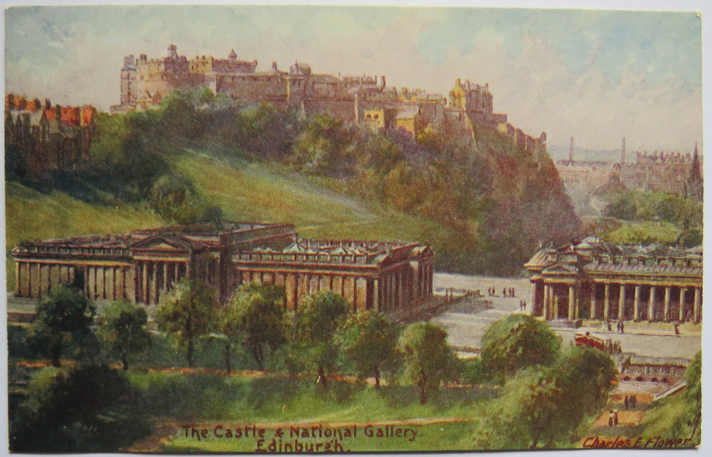 Vintage Postcard of The Castle & National Gallery, Edinburgh - C. E. Flower