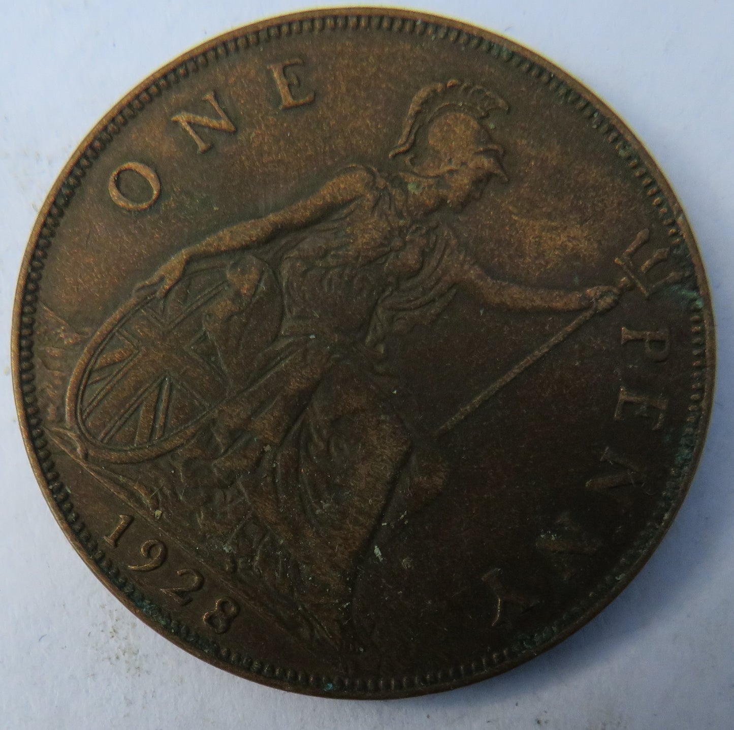 1928 One Penny Coin With Graffiti / Engraving On King George V - Great Britain
