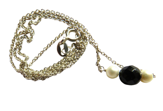 Ladies Sterling Silver Necklace & Pearl & Black Stone Pendant