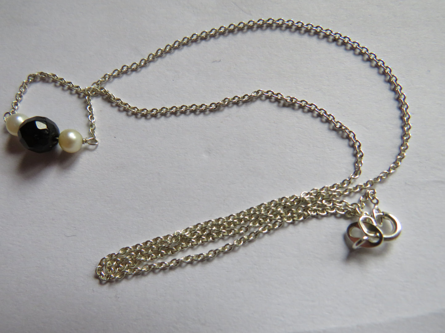 Ladies Sterling Silver Necklace & Pearl & Black Stone Pendant