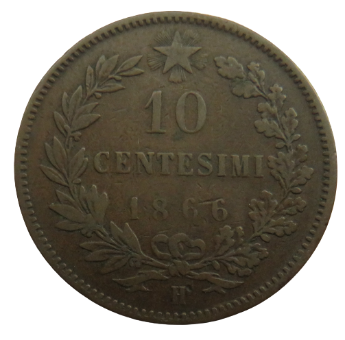 1866-H Italy 10 Centesimi Coin