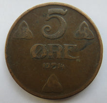 Load image into Gallery viewer, 1914 Norway 5 Ore Coin
