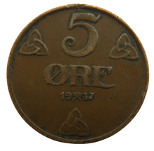 Load image into Gallery viewer, 1937 Norway 5 Ore Coin
