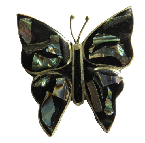 Vintage Ladies White Metal & Shell Butterfly Brooch From Mexico