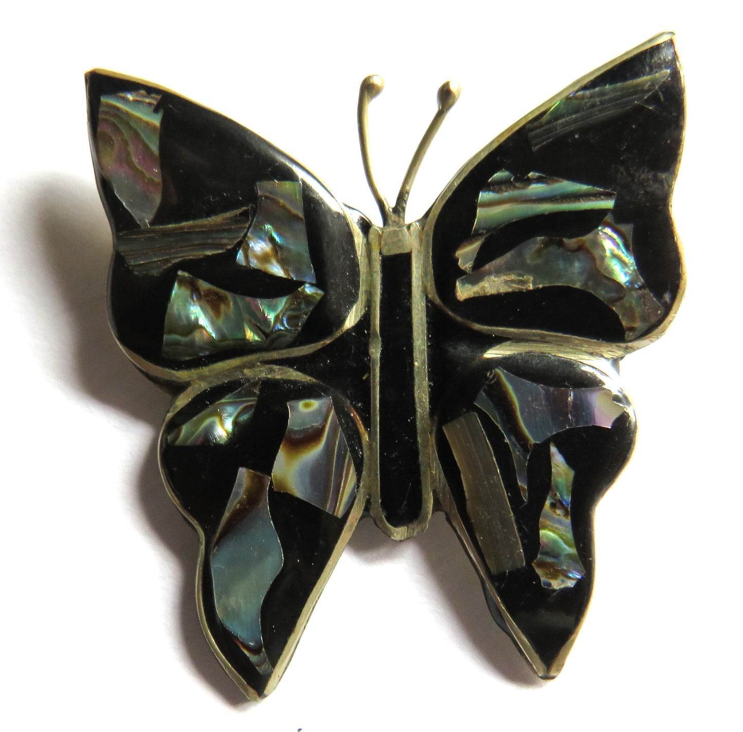 Vintage Ladies White Metal & Shell Butterfly Brooch From Mexico