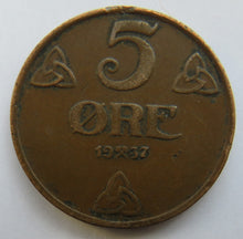 Load image into Gallery viewer, 1937 Norway 5 Ore Coin
