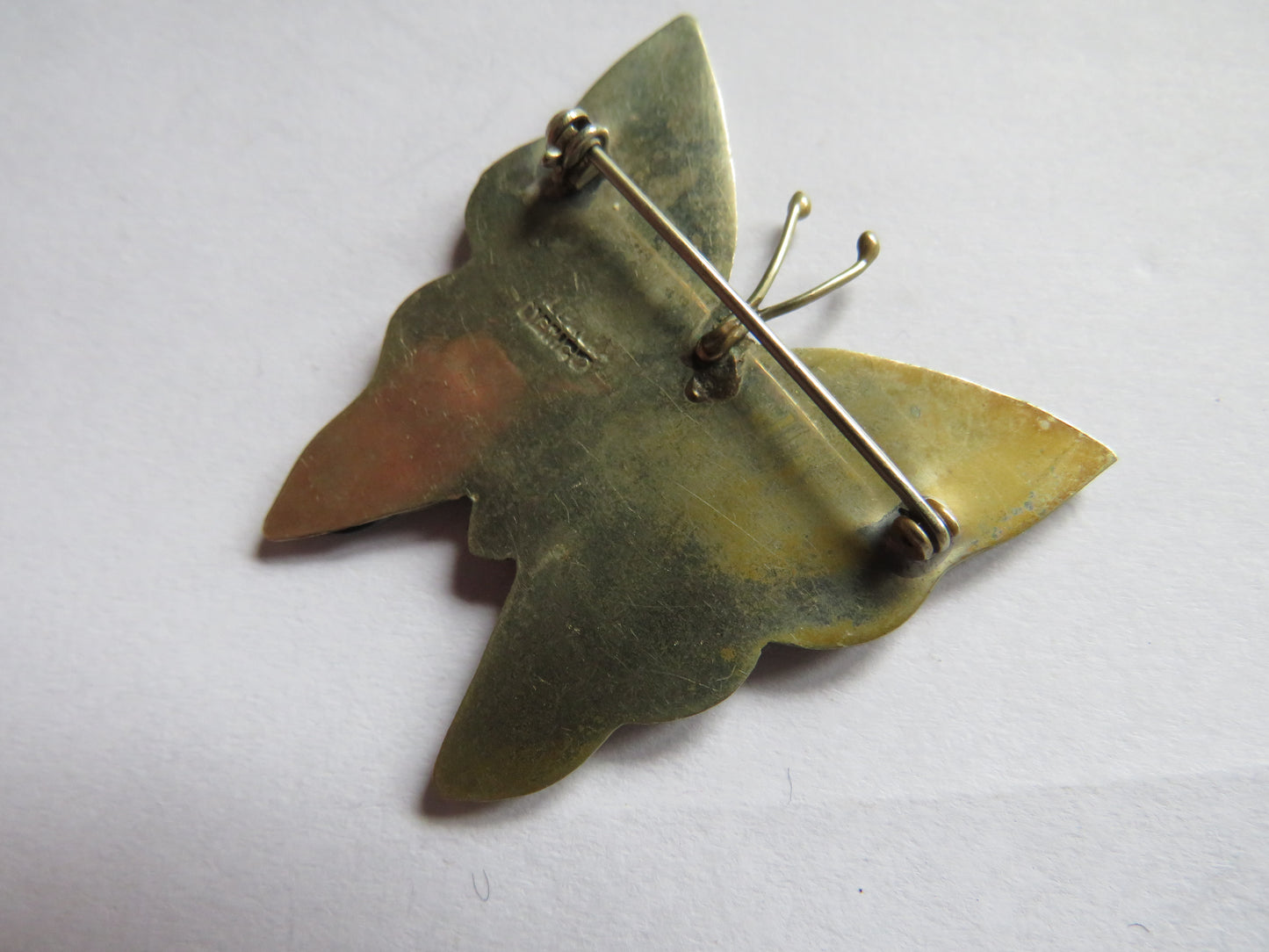 Vintage Ladies White Metal & Shell Butterfly Brooch From Mexico