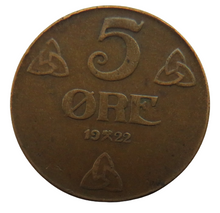 Load image into Gallery viewer, 1922 Norway 5 Ore Coin
