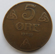 Load image into Gallery viewer, 1922 Norway 5 Ore Coin
