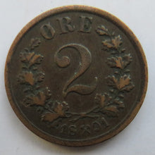 Load image into Gallery viewer, 1891 Norway 2 Ore Coin
