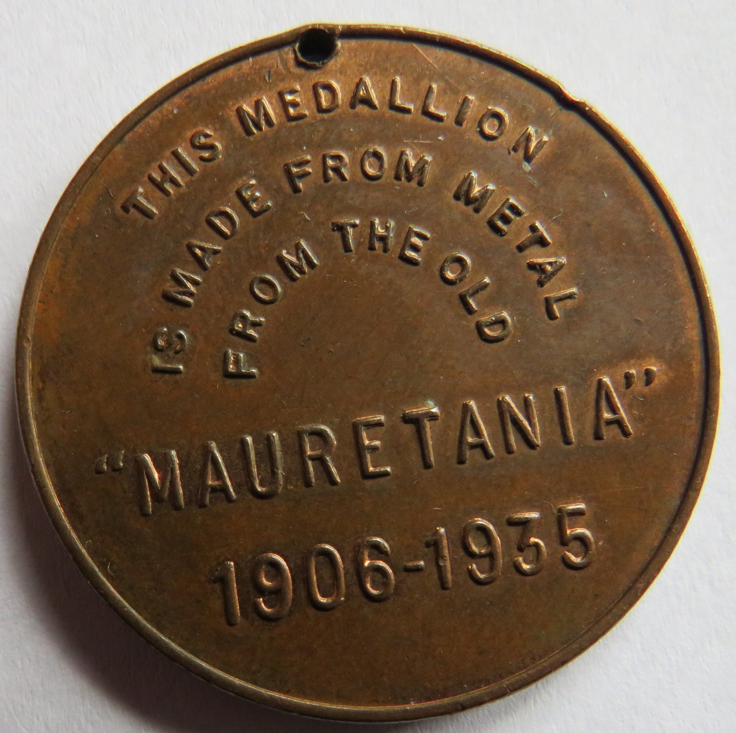1906-1935 R.M.S. Mauretania Medal Made From The Metal of the Mauretania