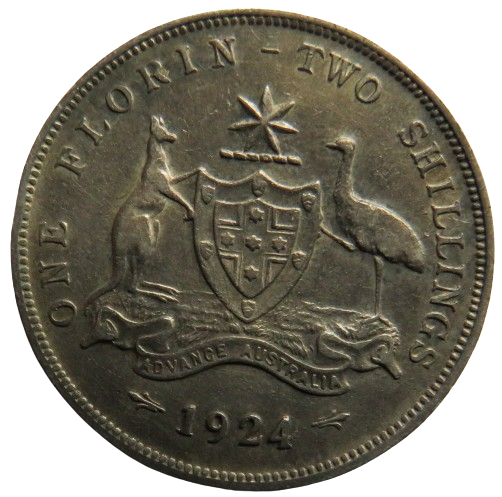 1924 King George V Australia Silver Florin / 2 Shillings Coin