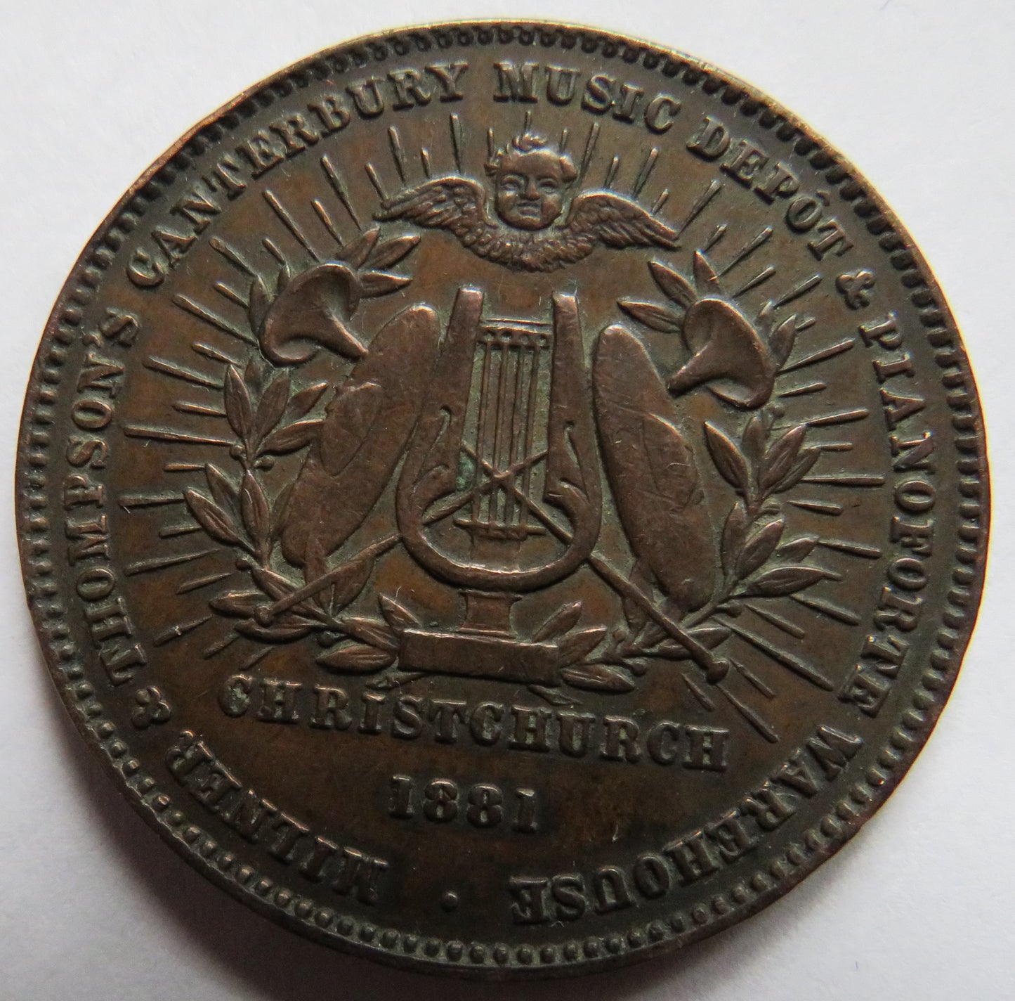 1881 Christchurch New Zealand Token Milner & Thompson's Canterbury Music Depot