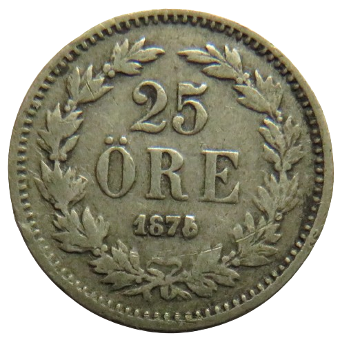 1875/4 Sweden Silver 25 Ore Coin