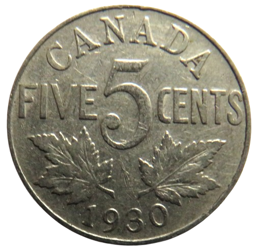 1930 King George V Canada 5 Cents Coin