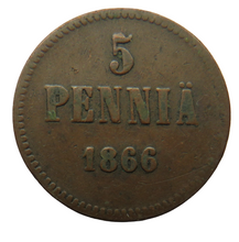 Load image into Gallery viewer, 1866 Finland 5 Pennia Coin
