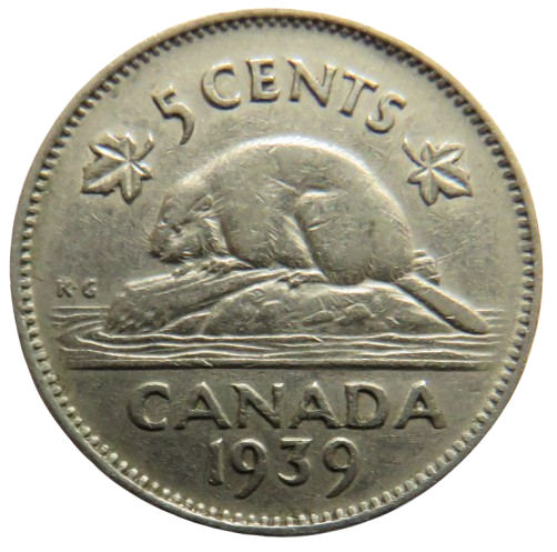 1939 King George VI Canada 5 Cents Coin