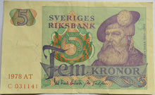 Load image into Gallery viewer, 1978 Sweden 5 Kronor Banknote
