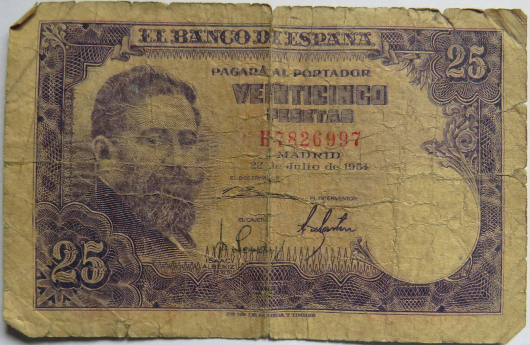 1954 Spain 25 Pesetas Banknote