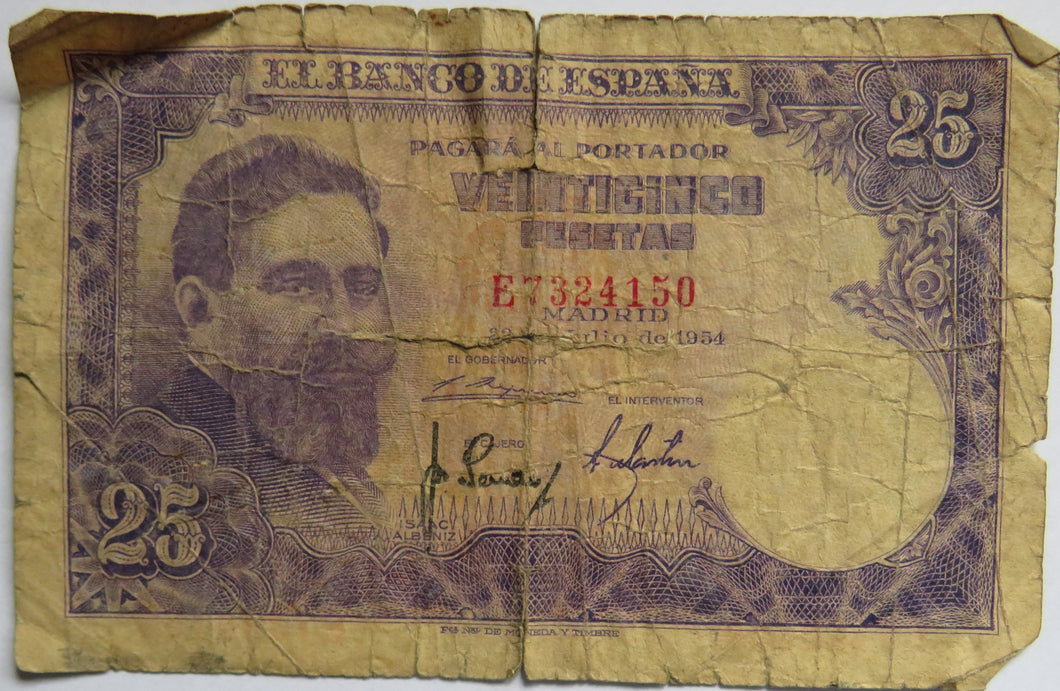 1954 Spain 25 Pesetas Banknote