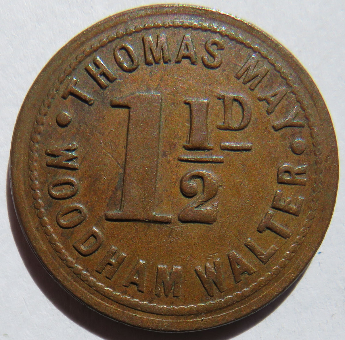Thomas May Woodham Walter 1 & 1/2d Token