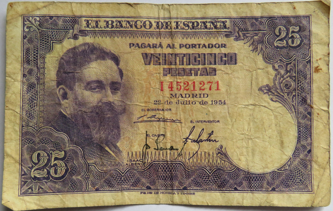 1954 Spain 25 Pesetas Banknote