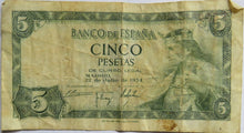 Load image into Gallery viewer, 1954 Spain 5 Pesetas Banknote
