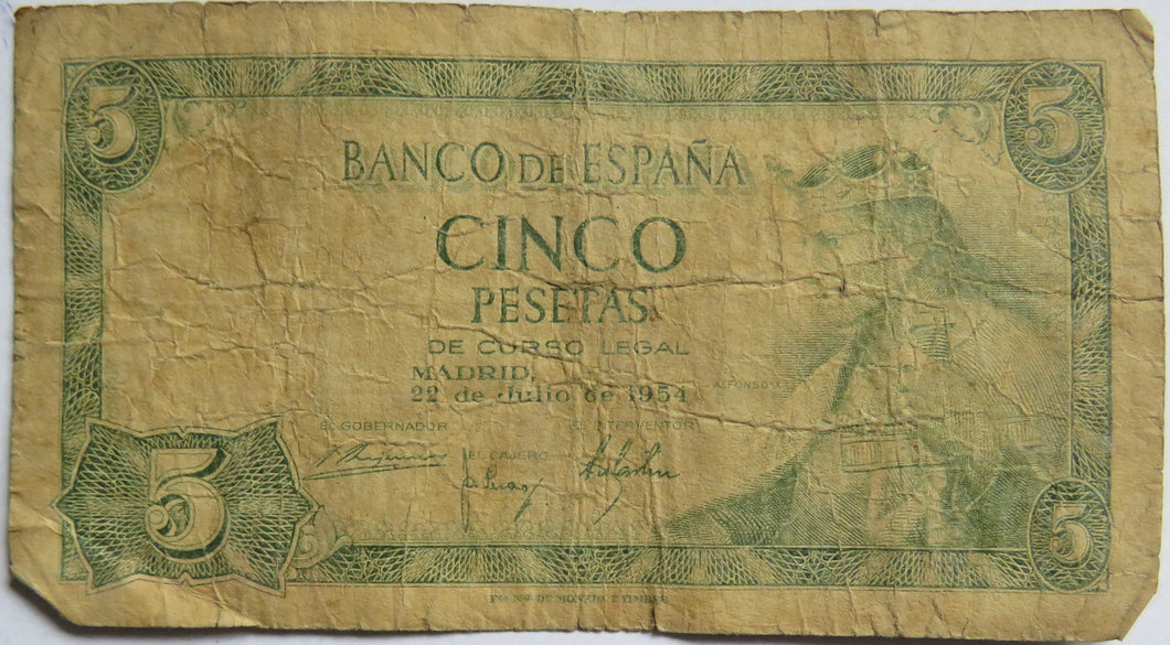 1954 Spain 5 Pesetas Banknote