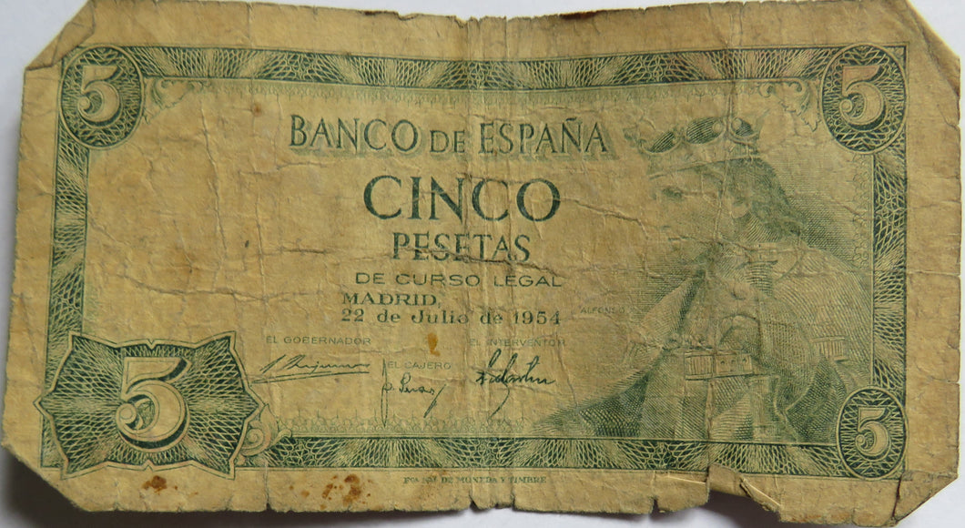 1954 Spain 5 Pesetas Banknote