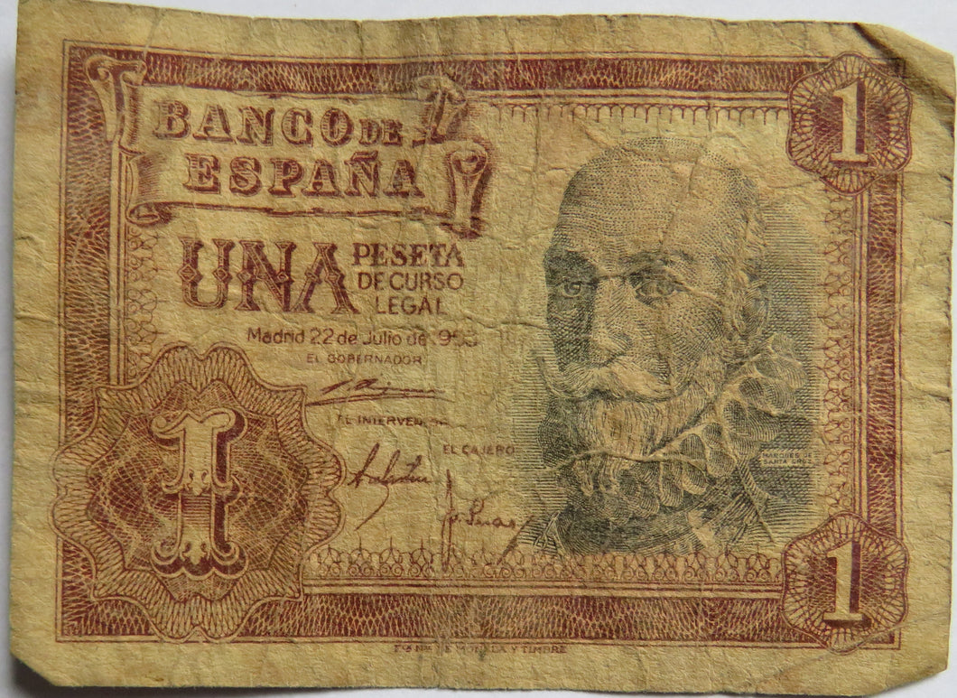 1953 Spain 1 One Peseta Banknote