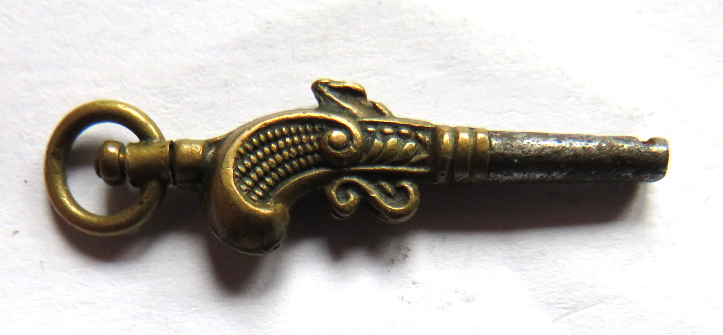 Antique Pocket Watch Key In Shape of Flint Lock Pistol, Gun