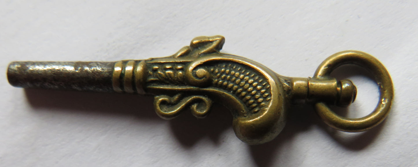 Antique Pocket Watch Key In Shape of Flint Lock Pistol, Gun
