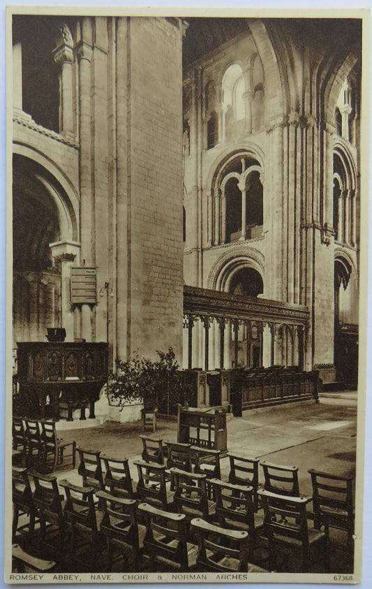 Vintage Postcard of Romsey Abbey, Nave. Choir & Norman Arches