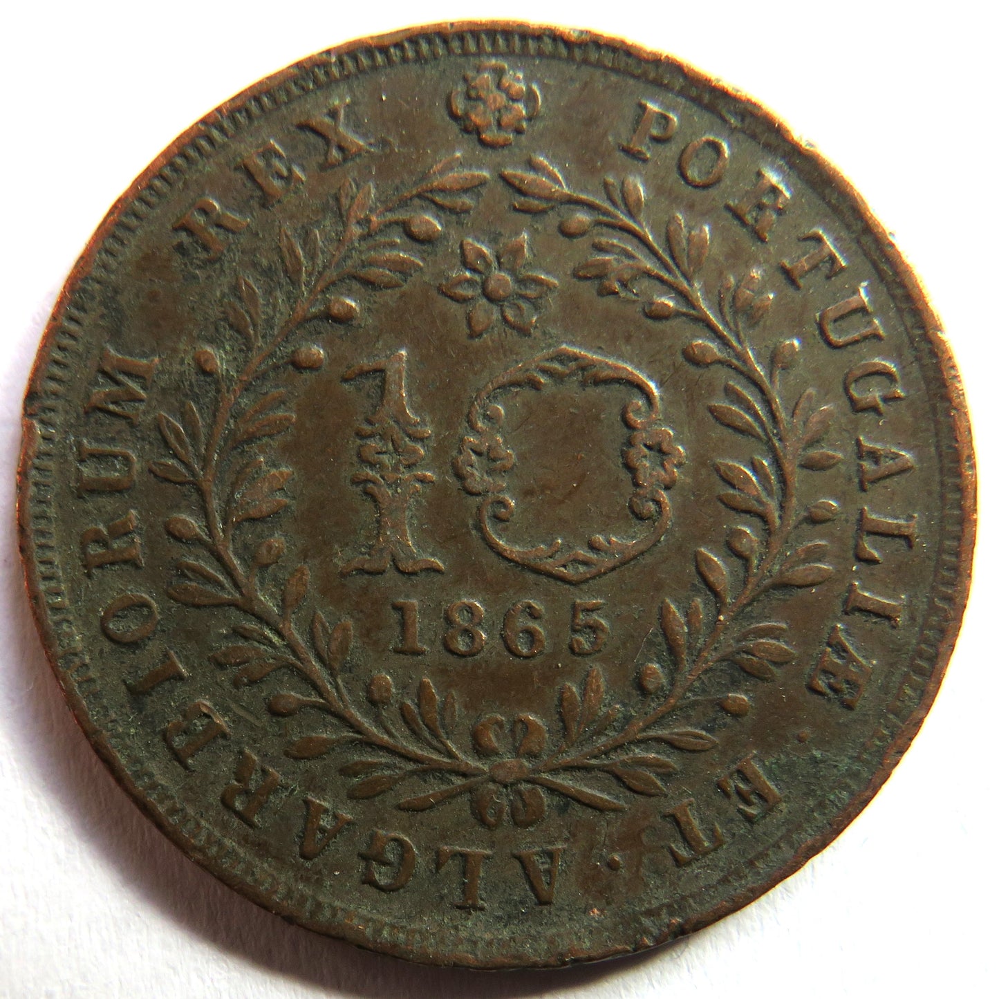 1865 Portugal Azores 10 Reis Coin