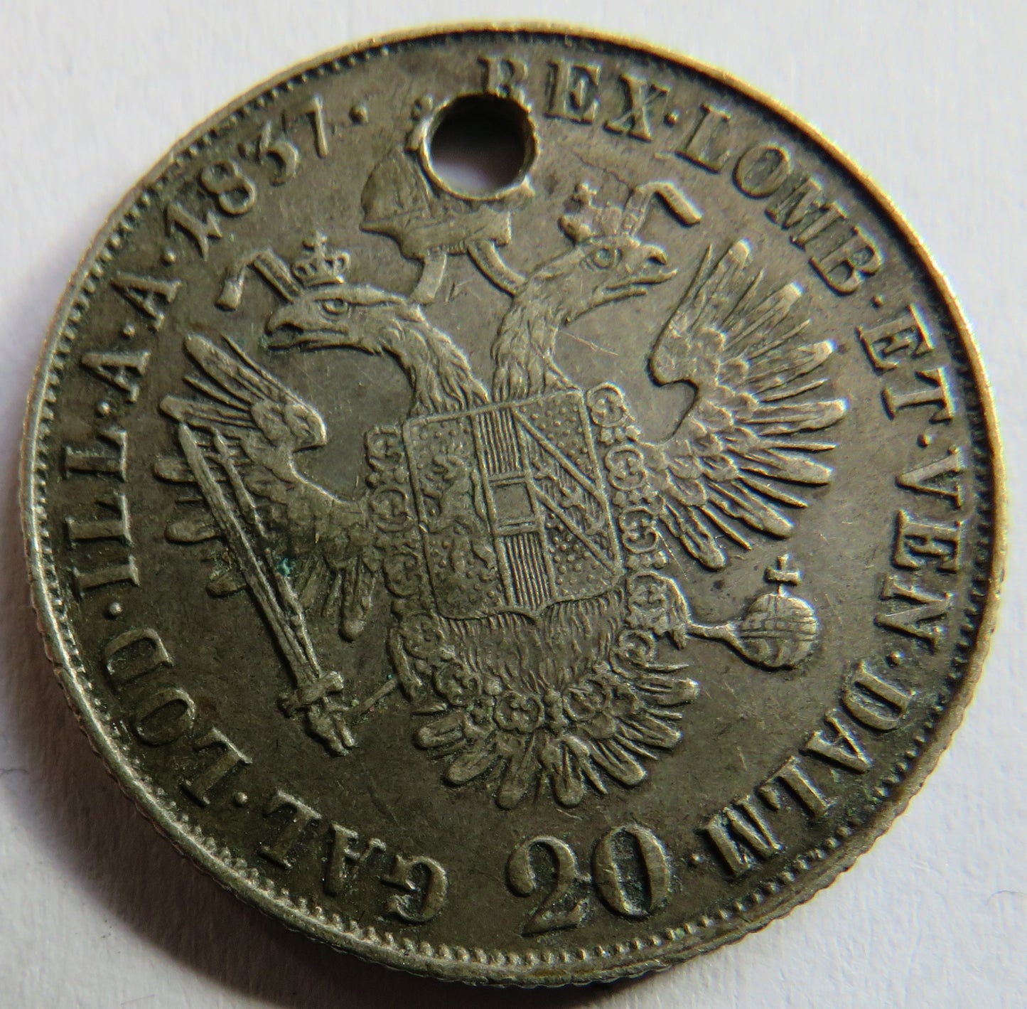 1837-M Austria Silver 20 Kreuzer Coin (Holed)