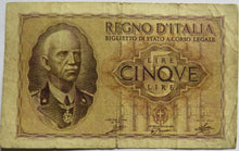 Load image into Gallery viewer, 1939 Italy 5 Lire Banknote
