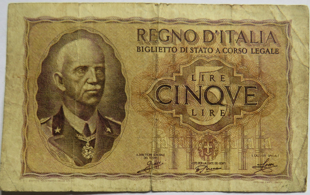 1939 Italy 5 Lire Banknote