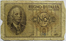 Load image into Gallery viewer, 1939 Italy 5 Lire Banknote
