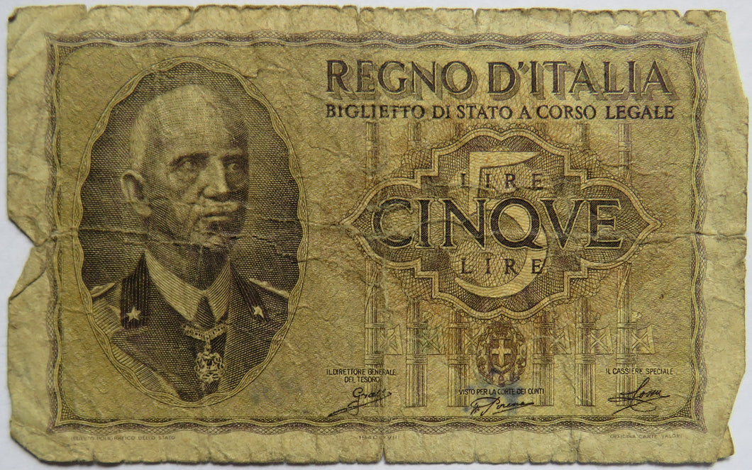 1939 Italy 5 Lire Banknote