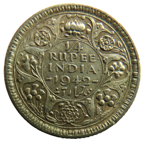 1942 King George VI India Silver 1/4 Rupee Coin