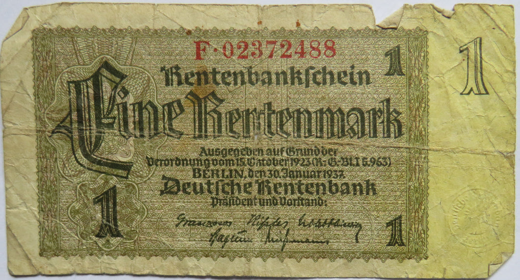 1937 Germany One Rentenmark Banknote