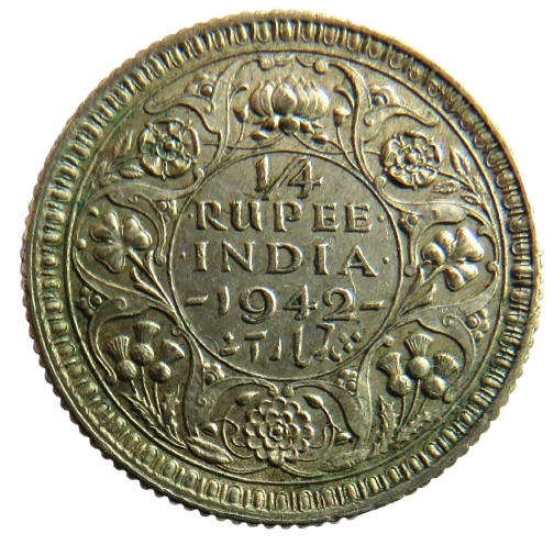 1942 King George VI India Silver 1/4 Rupee Coin