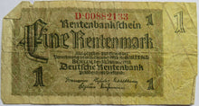 Load image into Gallery viewer, 1937 Germany One Rentenmark Banknote
