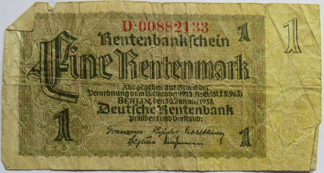 1937 Germany One Rentenmark Banknote