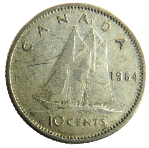 1964 Queen Elizabeth II Canada Silver 10 Cents Coin