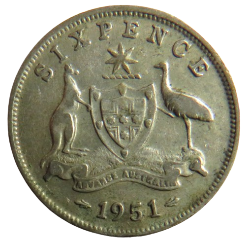 1951 King George VI Australia Silver Sixpence Coin