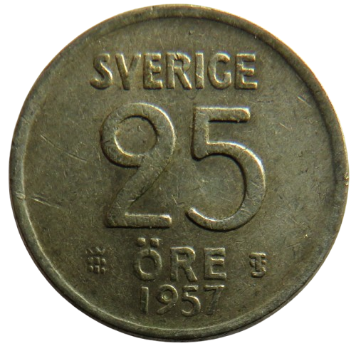 1957 Sweden Silver 25 Ore Coin