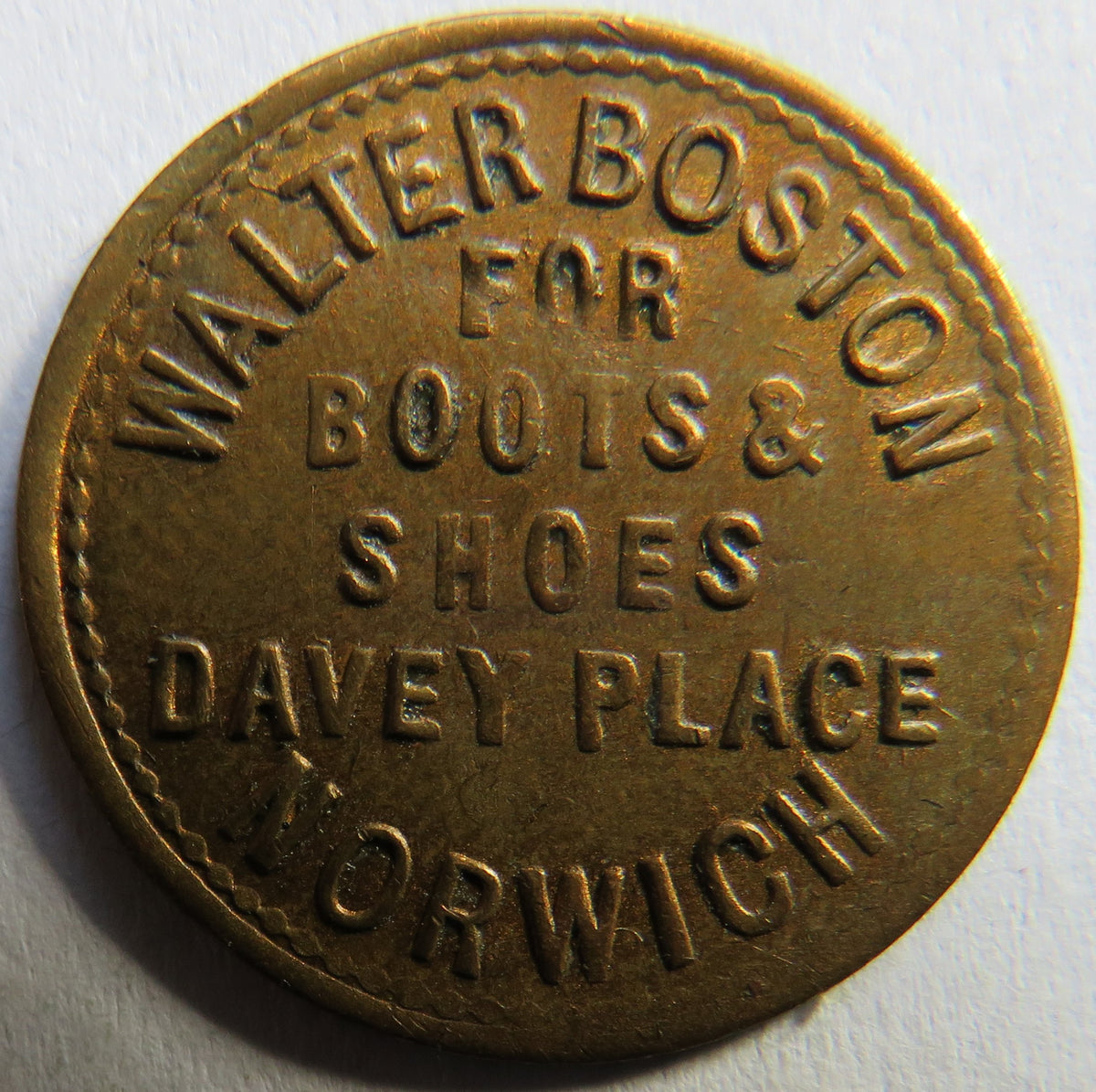 Walter Boston Norwich Token "For Boots & Shoes"