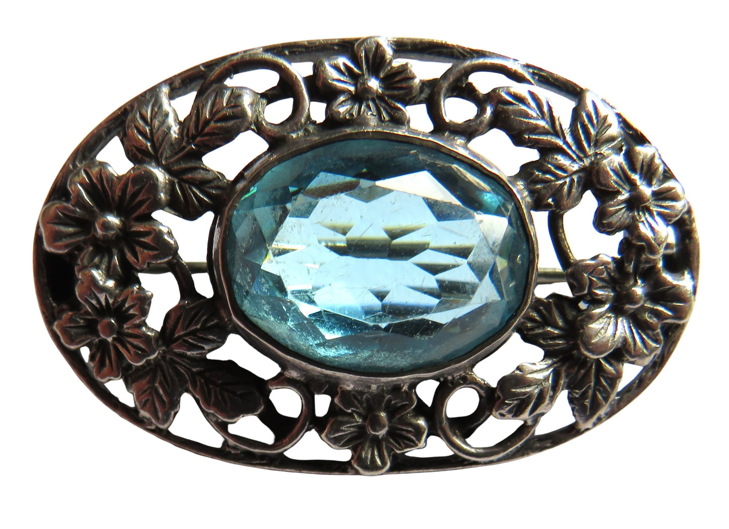 Vintage Sterling Silver & Blue Stone Floral Brooch