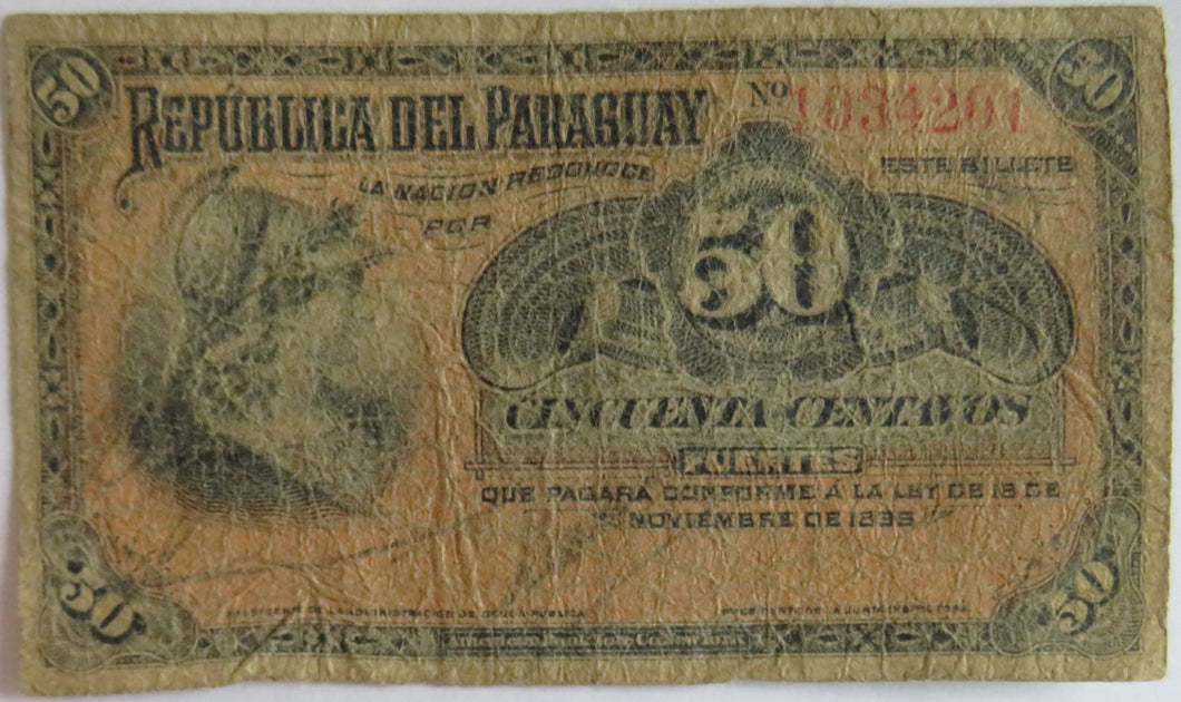 1899 Paraguay 50 Centavos Banknote